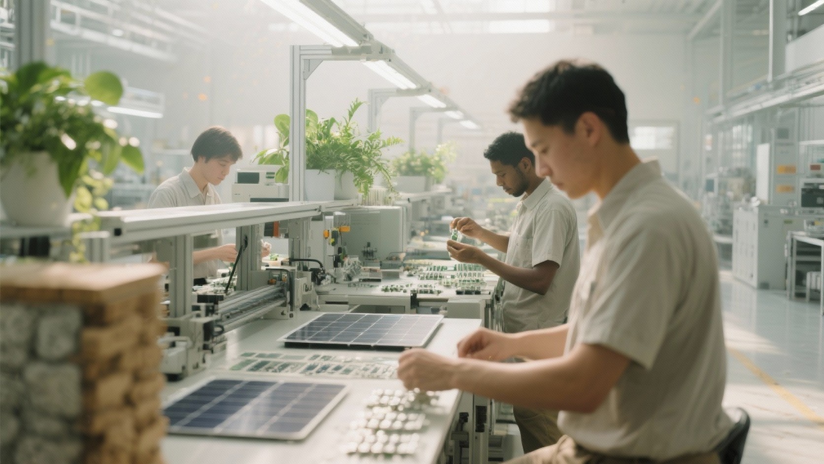 Technicians assembling solar energy systems in a TellCo operations environment