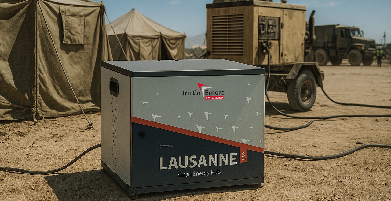 TellCo Lausanne battery energy hub deployed at a temporary field operations site