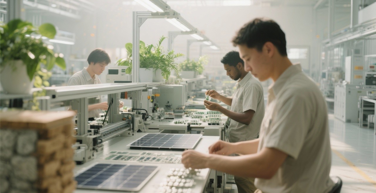 Technicians assembling and inspecting solar energy systems in a TellCo operations environment