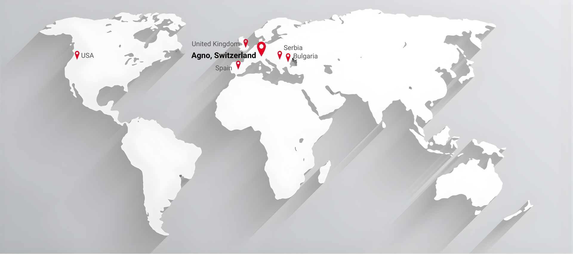 a white map of the world with Tellco locations pins