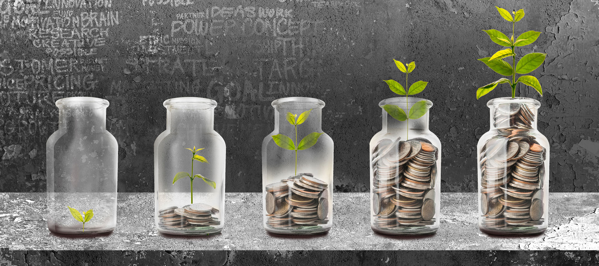 benefits of clean energy presented with jars full of money and plants growing